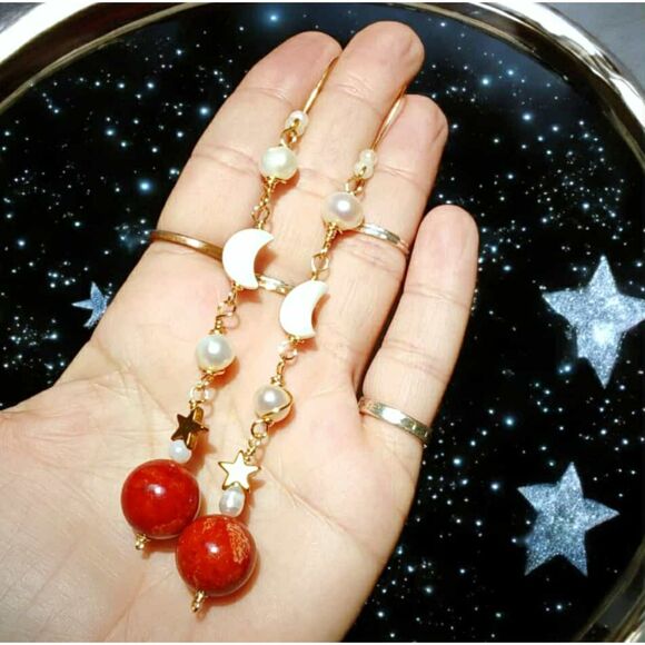 Long Statement Freshwater Pearl, Apple Coral, Seashells, Moons, & Stars Earrings - Picture 4 of 9